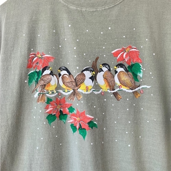 Vintage Anvil Green Holiday Bird Poinsettia Cotton Tee Shirt Size Large - Picture 4 of 8